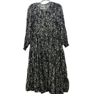 Zara Long Sleeve Maxi Dress Womens L Black White Floral Rayon A-Line